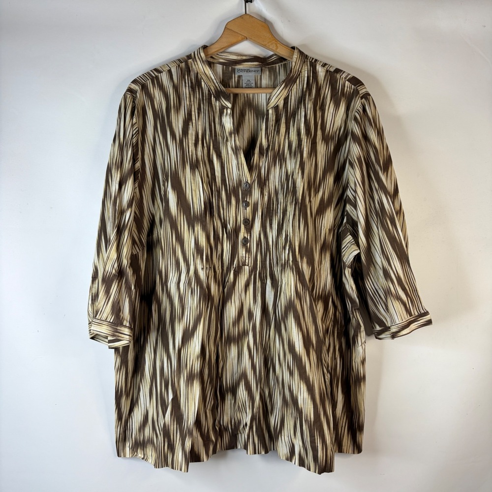 Liz & Me Catherines Tunic Women 2X Brown Cream Ikat Print Cotton 3/4 Sleeve Top